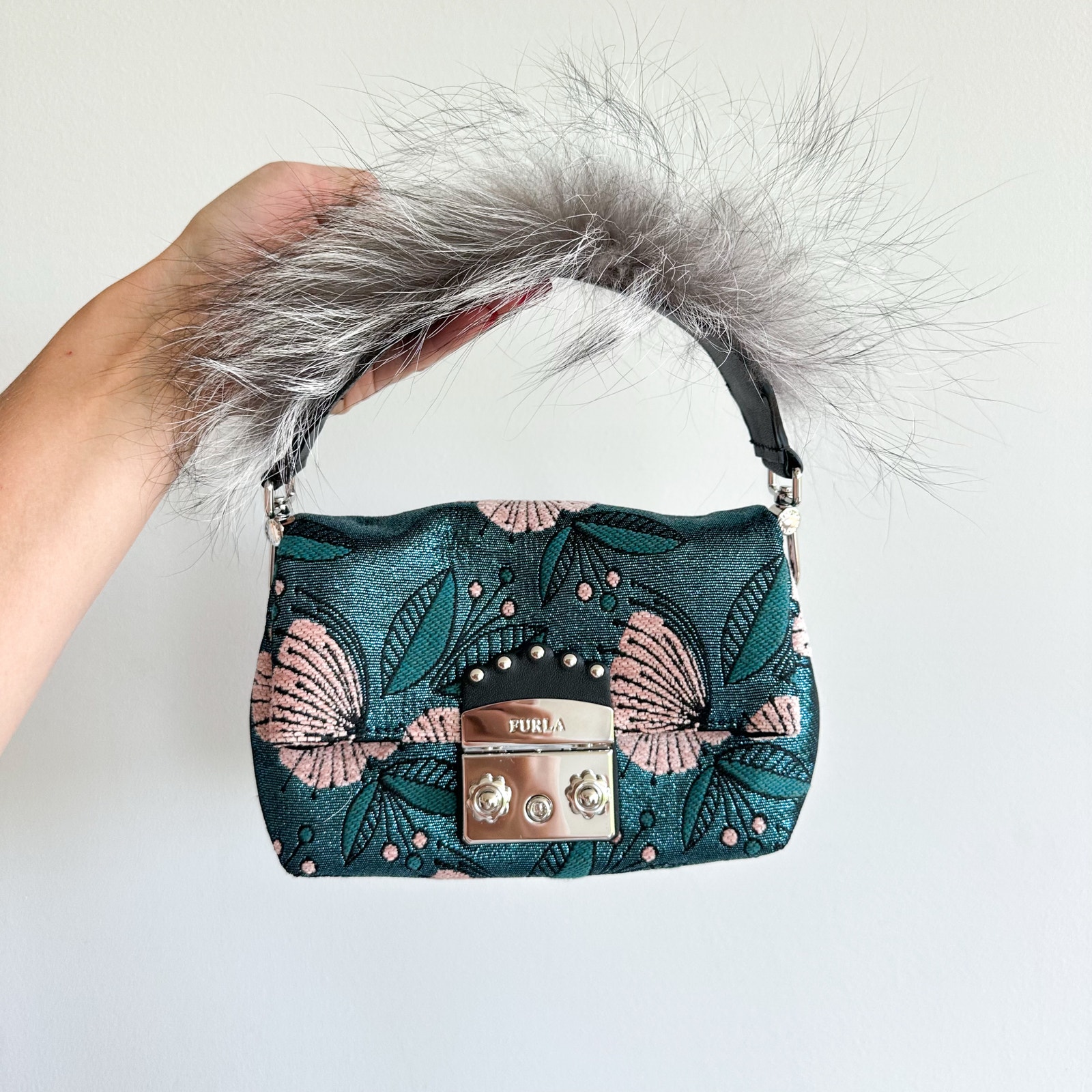 Furla Metropolis Nuvola Fur Accent Detachable Handle Mini Handbag Pink Blue